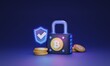 Crypto insurance 3D illustration concept. Protecting virtual assets and currency. Providing warranties and security to ensure the safekeeping and protection of valuable assets in the virtual world.