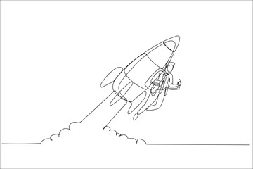 Wall Mural - businessman using rocket going to the moon. Concept of project start up