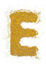 Poster - letter E in glitter of gold particle isolated