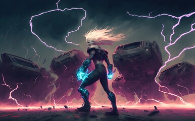Wall Mural - electric man use evil powers to destroy cars, digital art style, illustration painting, Generative AI