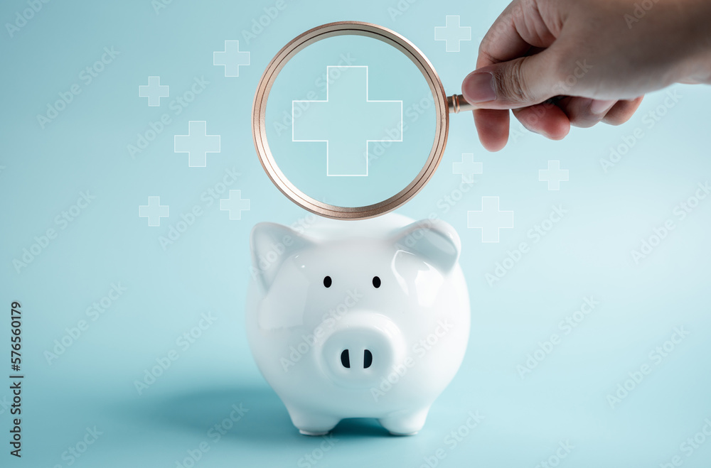 Piggy bank money health check concept. Health care financial checkup and saving for medical insurance cost planning in the future.