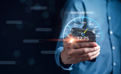 Poster - Fast internet connection speedtest bandwidth network technology, Man using Internet high speed by smartphone 5G quality, speed optimization...