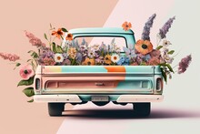Pastel Old Car With Bouquet, Spring
