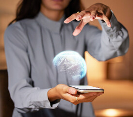 Leinwandbilder - Woman, hands and phone with 3D hologram of globe for global communication, networking or technology at night. Hand of female holding smartphone with holographic earth for futuristic tech innovation