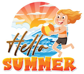 Wall Mural - Hello summer word with kid character