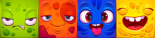 Funny Square Faces Of Cartoon Monster Characters. Abstract Avatars With Different Emotions. Cute Comic Portraits Of Angry, Happy, Crazy And Laughing People, Vector Illustration
