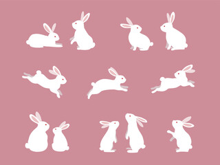 cute white rabbits in various poses. rabbit animal icon isolated on background.