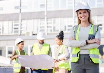 Poster - Architect, leader and woman construction worker, smile in portrait with blueprint and collaboration. Architecture, contractor and happy female engineer, building industry and team with floor plan