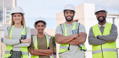 Poster - Architecture, construction team and diversity in portrait, contractor group smile with work at building site. Architect, engineer and people with arms crossed, solidarity and trust in collaboration