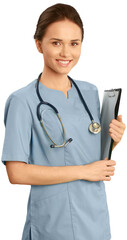 Canvas Print - Female healthcare professional wearing scrubs and carrying a clipboard