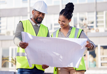 Poster - Contractor, engineering blueprint and black people with teamwork, project manager planning and collaboration. Architecture, outdoor construction worker and floor plan for urban development in city