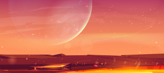 Poster - rocky surface of alien planet with lava flow. vector cartoon illustration of space adventure game pl