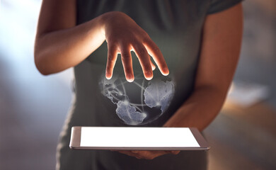 Leinwandbilder - Globe abstract, hands or tablet screen for woman with global networking mockup, digital transformation app or cyber software. Zoom, futuristic or 3d world on technology for worldwide night business