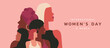 © ST.art - female diverse faces of different ethnicity on International women's day and the feminist movement for independence, freedom, empowerment, and activism for woman rights, vector flat illustration