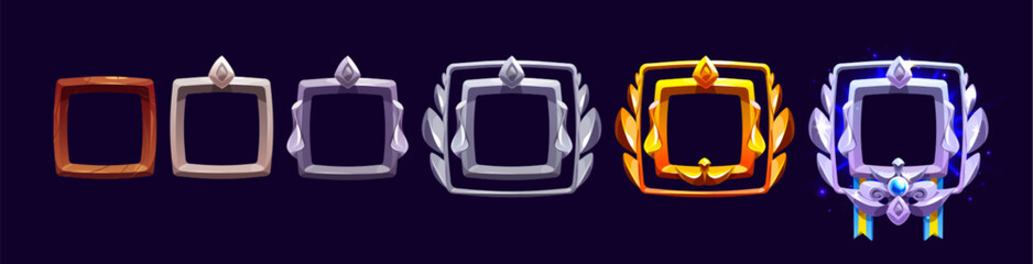 Poster - Cartoon set of square game rang badges with wood, stone, silver and gold metal texture isolated on background. Vector illustration of empty gui avatar frames or buttons decorated with ribbons and gems