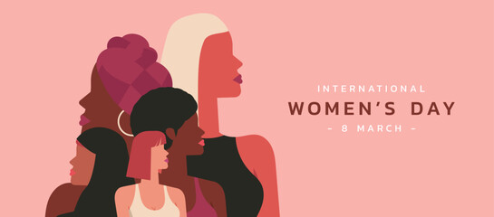 Wall Mural - female diverse faces of different ethnicity on International women's day and the feminist movement for independence, freedom, empowerment, and activism for woman rights, vector flat illustration