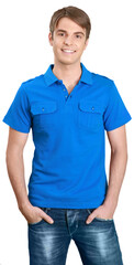 Poster - Young handsome man in blue shirt isolated on white background