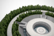 Sunken circle plaza with meadow and tree in top view. 3d rendering of abstract space white background.
