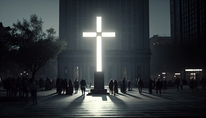 shinning big cross in the middle of a city