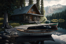 A Boat Is Docked At A Dock Near A Cabin On A Lake. Generative AI