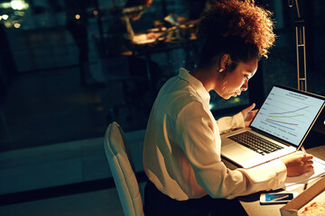 Poster - The night shift requires a special kind of worker..... Shot of a young businesswoman working late in her office.