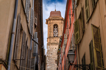 Wall Mural - Bell tower of the Jesuits chapel and traditional houses in Old Town Nice, France