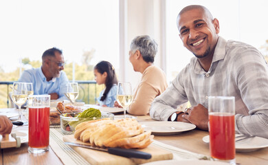 Poster - Food, portrait and man at happy family brunch, lunch and celebration event for reunion, bonding and enjoy quality time together. Love smile, happiness and group of people eating meal at Mexico home