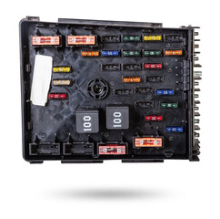 Poster - Automotive fuses on a white panel with holders and multi-colored markings - a protective device that opens the electrical circuit when the rated current in the circuit is exceeded. Electrical Repair.