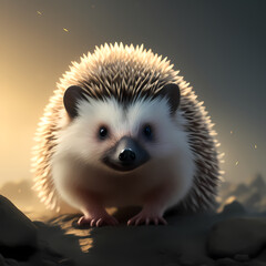 a hedgehog is sitting on a rock. Lovely happy funny animal. AI