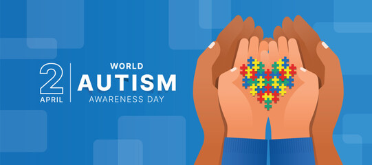 Wolrd Autism Awareness Day - Ault hand and child hands hold colorful puzzle with heart shape sign on blue background vector design