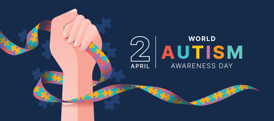wolrd autism awareness day - hand hold line autism awareness puzzle ribbon sign on dark blue and puz