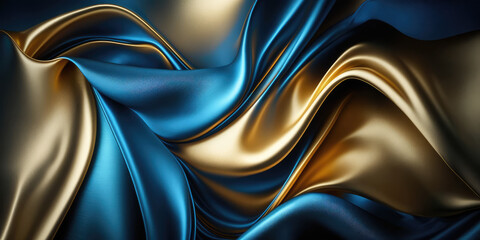 Wall Mural - Satin texture blue and gold fabric background illustration, silk backdrop generative ai