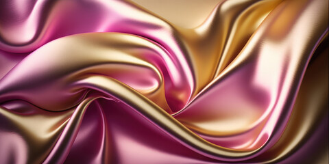 Wall Mural - Satin texture pink and gold fabric background illustration, silk backdrop generative ai