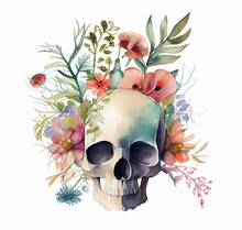 Wild Flowers In Scull Watercolor Hand Drawn Illustration