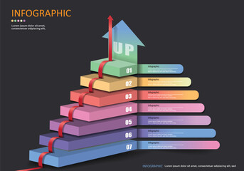 Wall Mural - Vector infographic is 3D beautiful colorful stairs on black gray background with arrows showing ascending of levels, arrow showing direction of ascending levels concept idea for presentations. 