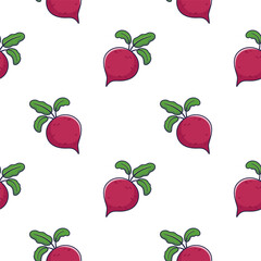 Wall Mural - Cute Beet root seamless pattern in doodle style. Vector hand drawn cartoon Beet root illustration.