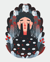 Hand Drawn Illustration Of Ukrainian Crying Woman With Trees, Plants, Berries And Buildings On Background. Isolated Clip Art For Card, Banner, Poster, Sticker. Concept Art About War In Ukraine.