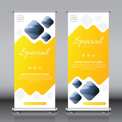 Wall Mural - Advertisement Roll up vertical banner design white and yellow. Modern template vector