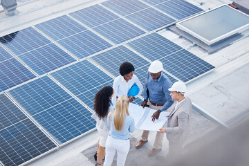Poster - Solar energy, teamwork or engineering designers with blueprint on roof building grid technology for innovation. Collaboration, top view or business people talking or planning a development project