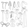 A set of sketched bows and ribbons. 
A bunch of hand-drawn ribbons.
Hand-drawn ribbon and tie vector drawings for clothes and fashion items.