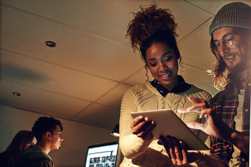 Poster - Teamwork, tablet and idea with people in office at night for planning, web design and strategy. Creative, collaboration and technology with man and woman in startup for data, proposal and research