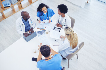 Poster - Above, healthcare and meeting by doctors on laptop for research, planning and innovation at hospital. Doctor, team and health experts brainstorm, problem solving or discussing online project together
