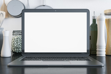 Aufkleber - Online cooking master class concept with blank white modern laptop monitor with space for your logo or web page advertising among kitchenware on light wall background. 3D rendering, mockup