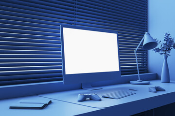Aufkleber - Perspective view on blank white computer monitor screen with place for web design or web site on work table with joystick and keyboard on window background closed by blinds. 3D rendering, mockup