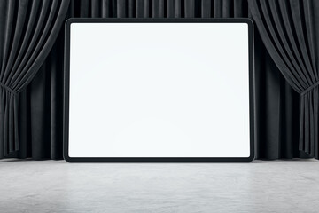 Poster - Front view on huge digital tablet blank white screen with space for your web design or landing web page on concrete floor and on black backstage curtain background, online movie. 3D rendering, mock up