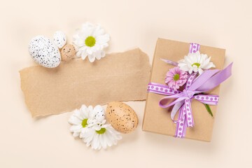 Wall Mural - Gift box, Easter eggs and flowers