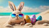 Fototapeta Nowy Jork - Easter Bunny in sunglasses with Easter eggs on the beach. Generative AI