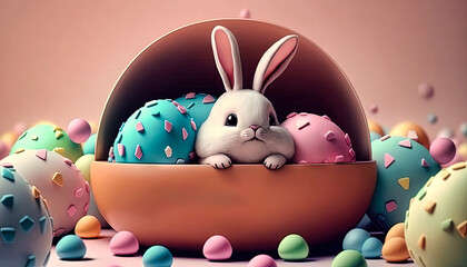 Wall Mural - Happy Easter. Cute easter bunny with easter eggs. Generative AI