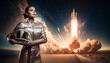 © Fxquadro - Shot of brave female pilot holding helmet against spaceship and starry sky.