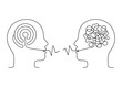 People talk, misunderstanding conversation and speech outline. Tangle confused and untangle logic thinking brain. Psychotherapy communication. Conversation two person, speak. Vector continuous line